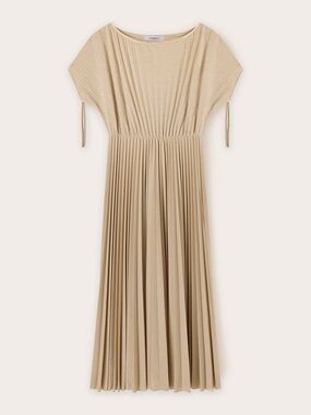 Motivi Taupe Pleated Midi Dress with Ruched Tie Shoulders